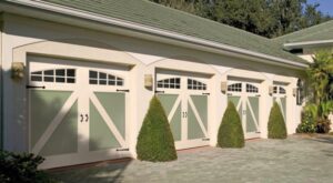 White and green homestead style garage doors