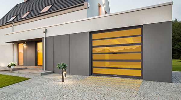 Modern render of garage door with yellow glass