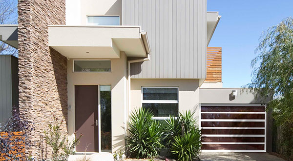 render of modern house with luxury garage door with brown panels