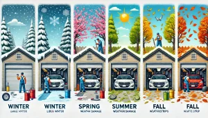 This image visually highlights the importance of maintaining your garage door throughout the different seasons.