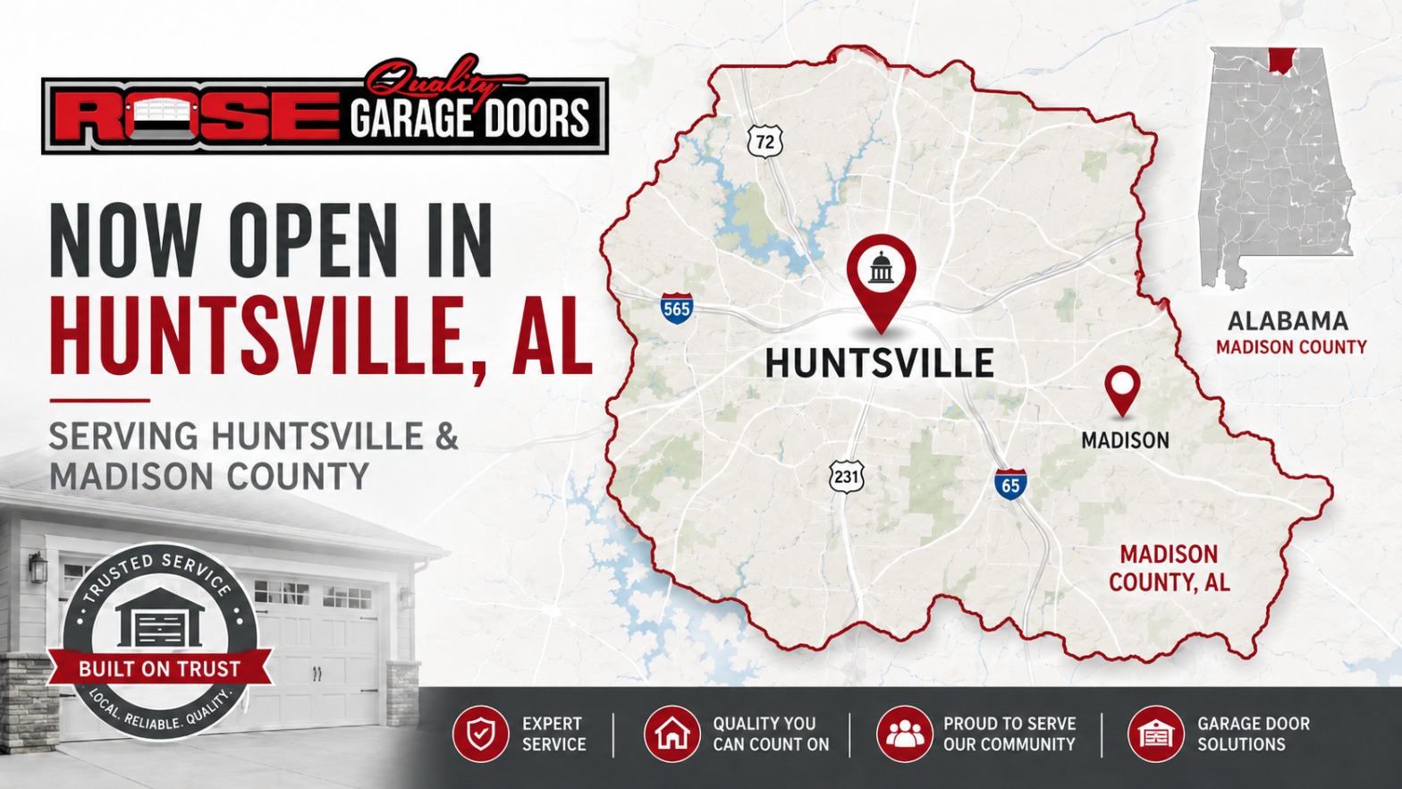 Image representing Rose Quality Garage Doors in opening up in Huntsville and Madison AL