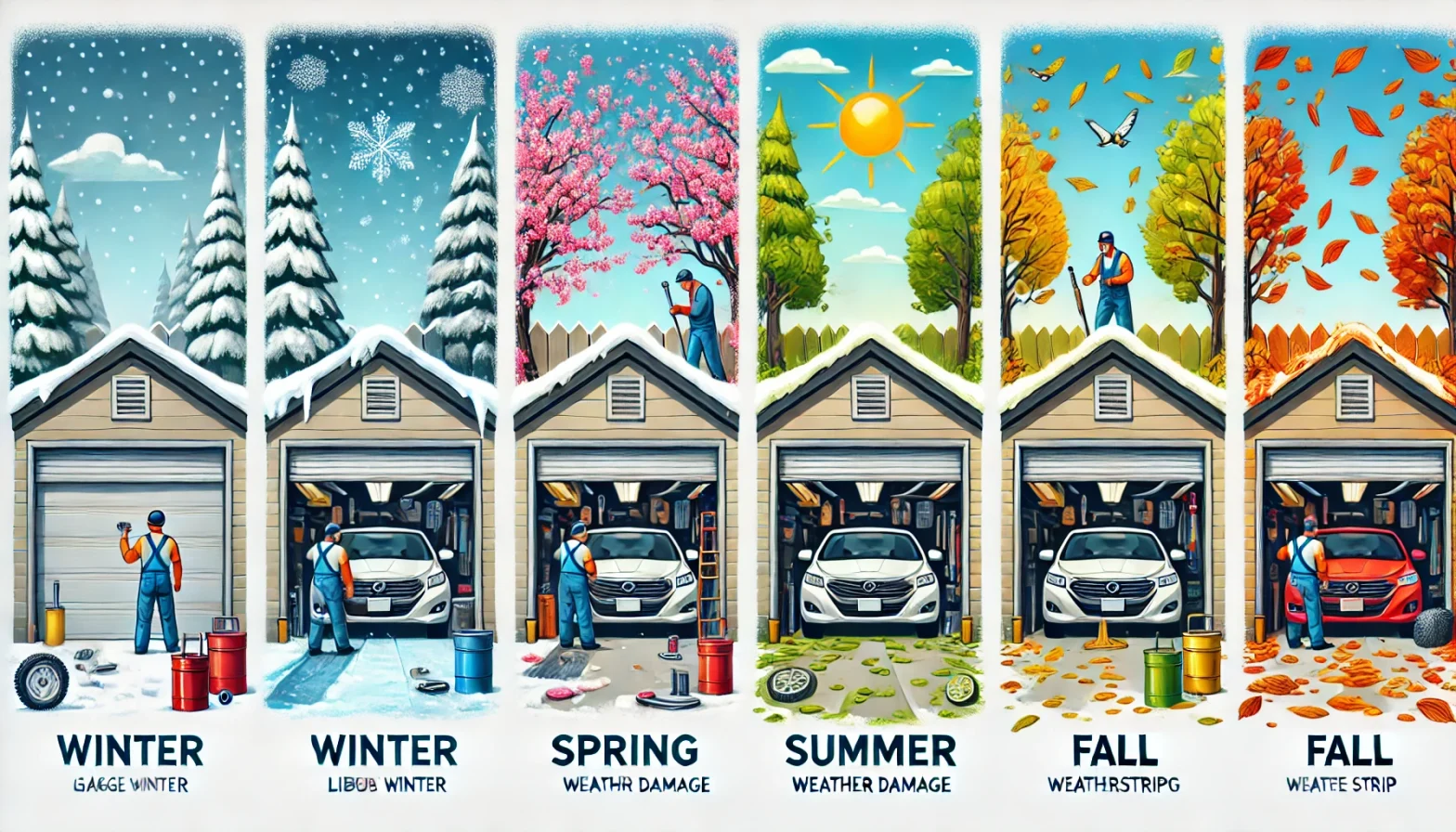 This image visually highlights the importance of maintaining your garage door throughout the different seasons.