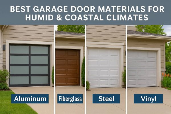 Shows 4 different garage doors discussing the garage door materials for humid and coastal climates with Rose Quality Garage Doors